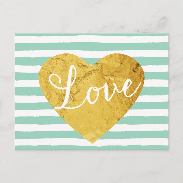 Mint Stripes Fake Gold Love Heart Cute Girly Postcard (Front)