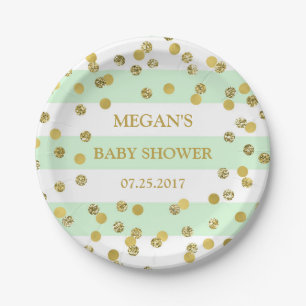 Mint Stripes Gold Confetti Baby Shower Plate