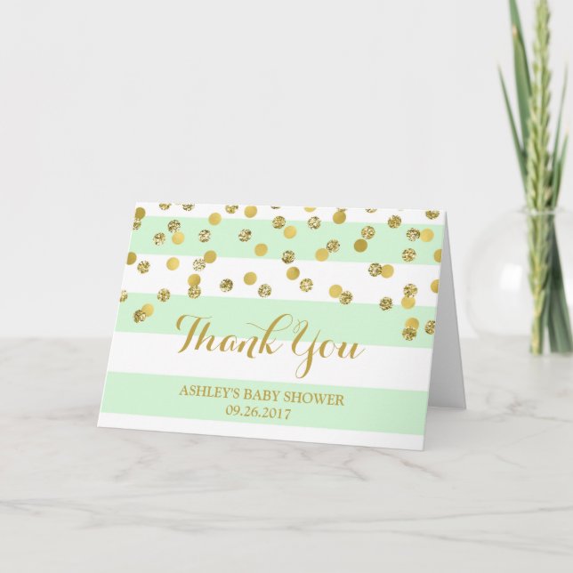 Mint Stripes Gold Confetti Baby Shower Thank You Card (Front)