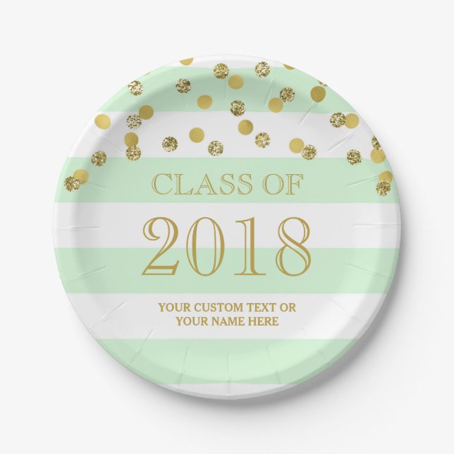 Mint Stripes Gold Confetti Graduation 2018 Paper Plate (Front)