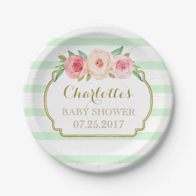 Mint Stripes Gold Pink Floral Baby Shower Plate (Front)