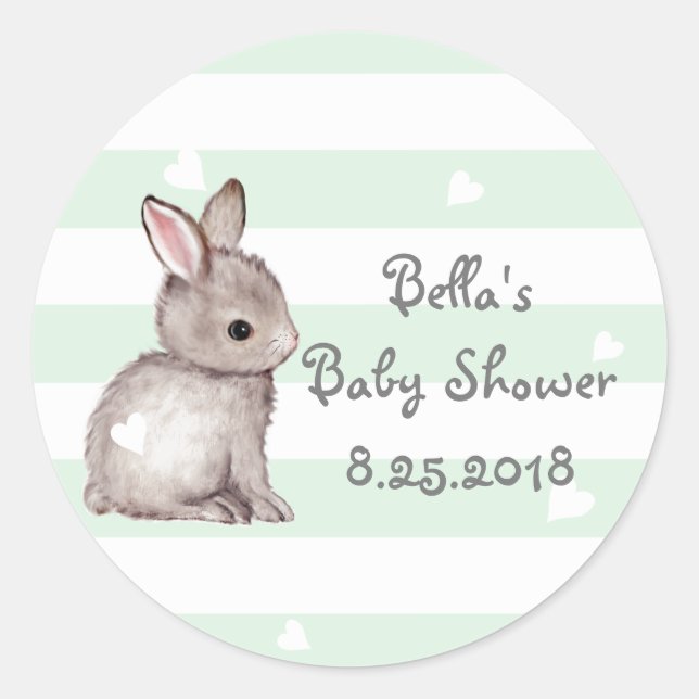 Mint Stripes Heart Bunny Baby Shower Stickers (Front)