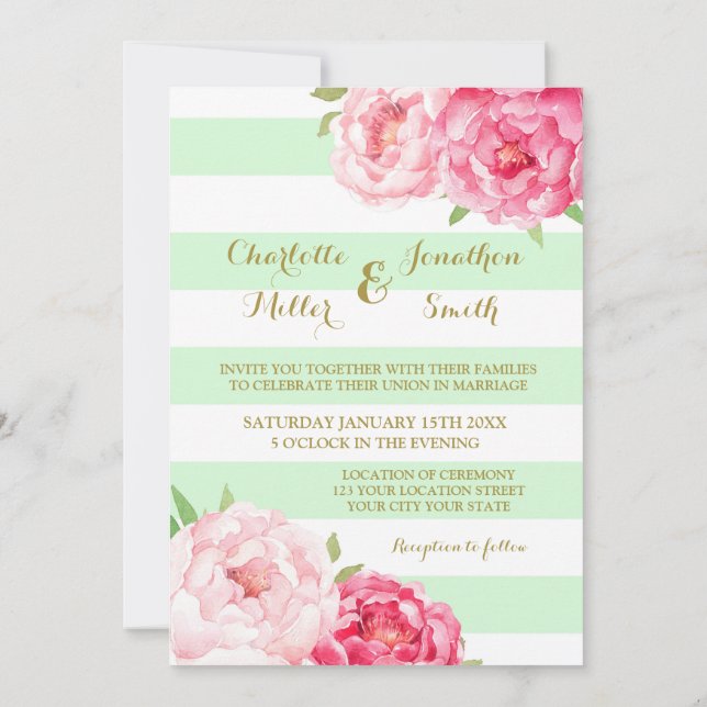 Mint Stripes Or Rose Fleurs de mariage Invitations (Dos)