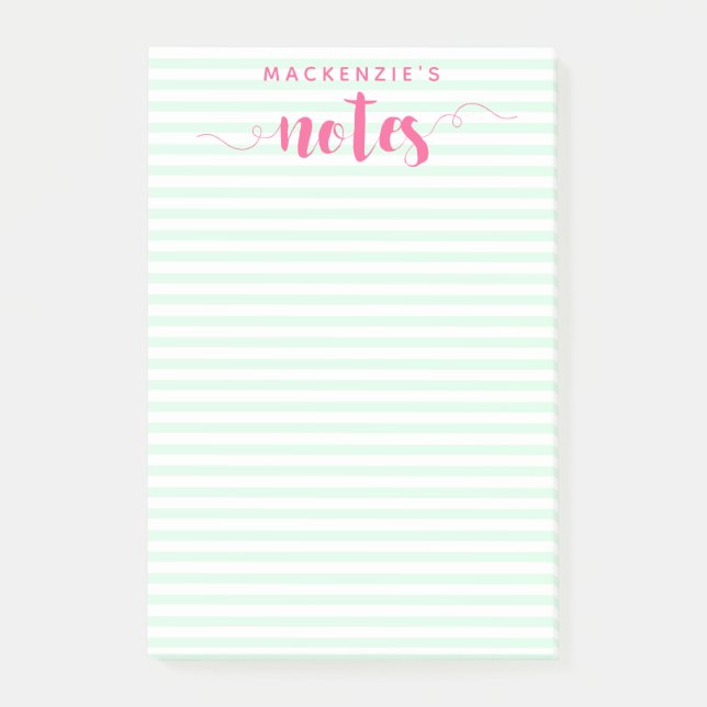 Mint stripes & Pink Brush Script Post-it Notes (Front)