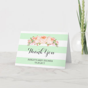 Mint Stripes Pink Flowers Baby Shower Thank You Card