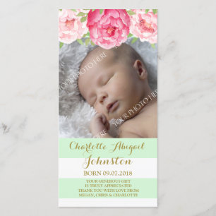 Mint Stripes Pink Flowers Thank You Baby Shower Card
