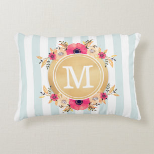 Mint Stripes Watercolor Flowers Faux Gold Monogram Accent Pillow