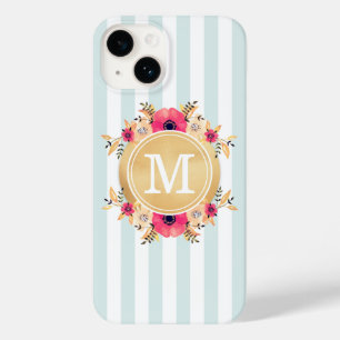 Mint Stripes Watercolor Flowers Faux Gold Monogram Case-Mate iPhone 14 Case