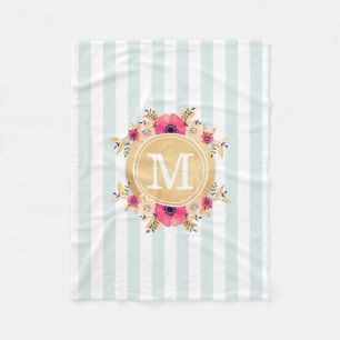 Mint Stripes Watercolor Flowers Faux Gold Monogram Fleece Blanket