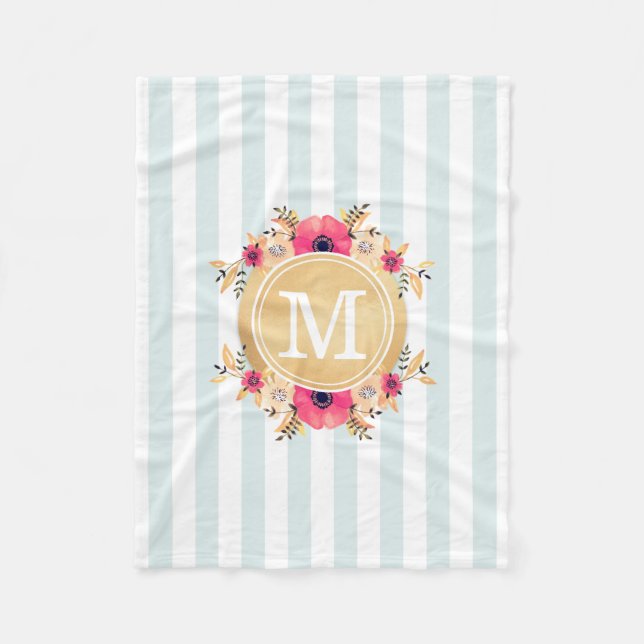 Mint Stripes Watercolor Flowers Faux Gold Monogram Fleece Blanket (Front)