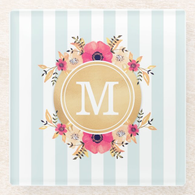 Mint Stripes Watercolor Flowers Faux Gold Monogram Glass Coaster (Front)