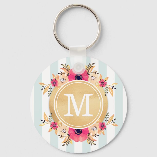 Mint Stripes Watercolor Flowers Faux Gold Monogram Keychain (Front)