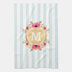 Mint Stripes Watercolor Flowers Faux Gold Monogram Kitchen Towel