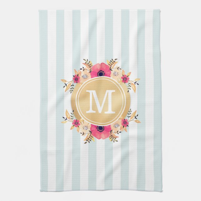 Mint Stripes Watercolor Flowers Faux Gold Monogram Kitchen Towel (Vertical)