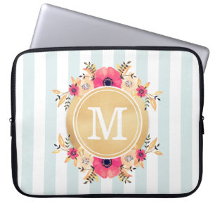 Mint Stripes Watercolor Flowers Faux Gold Monogram Laptop Sleeve