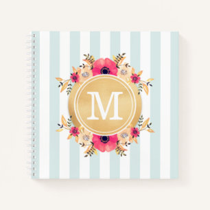 Mint Stripes Watercolor Flowers Faux Gold Monogram Notebook