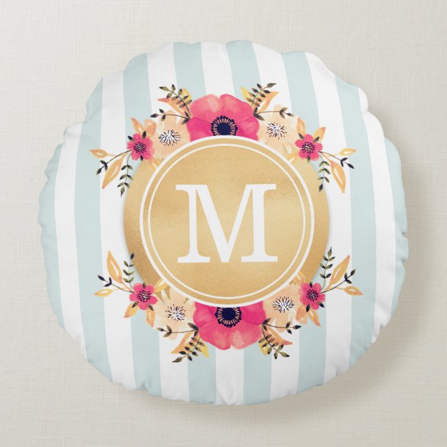 Mint Stripes Watercolor Flowers Faux Gold Monogram Round Pillow (Front)