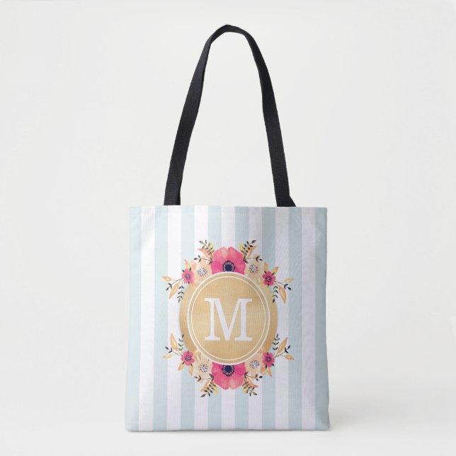Mint Stripes Watercolor Flowers Faux Gold Monogram Tote Bag (Front)