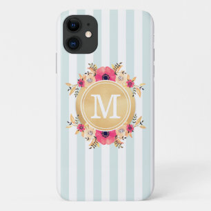 Mint Stripes Watercolor Flowers Gold Monogram iPhone 11 Case