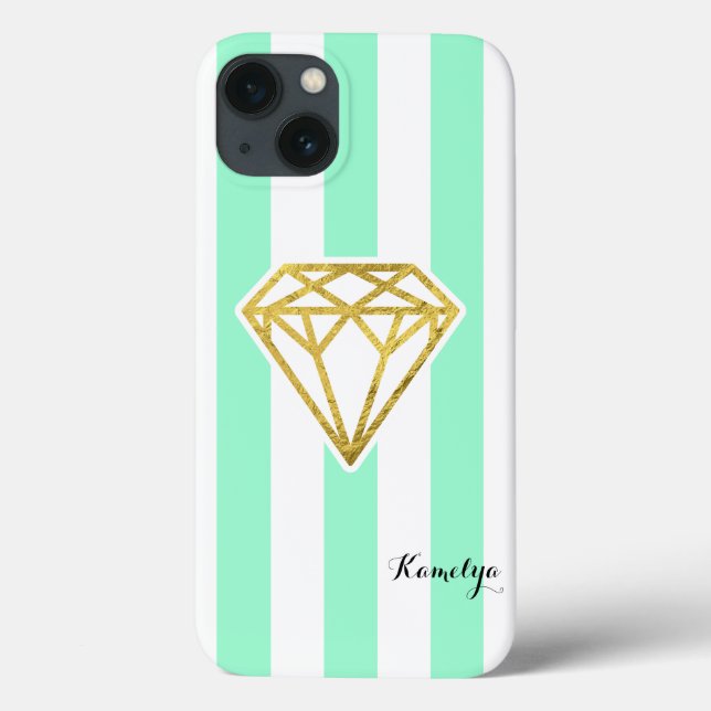 Mint Stripes with Gold Foil Diamond Case-Mate iPhone Case (Back)