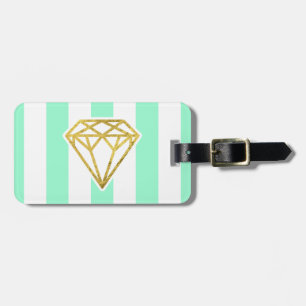 Mint Stripes with Gold Foil Diamond Luggage Tag