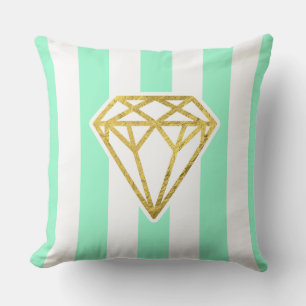 Mint Stripes with Gold Foil Diamond Throw Pillow
