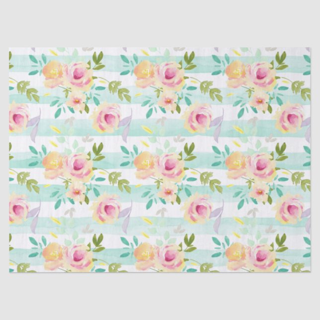 Mint Stripes Yellow Pink Floral Chic Tissue Paper (Front)