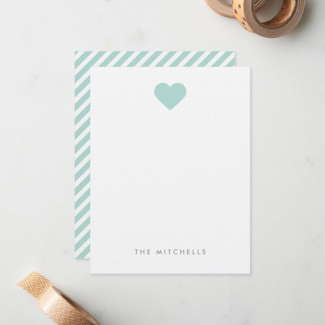 Mint Sweet Heart Monogram Stationery Note Card (Front/Back In Situ)