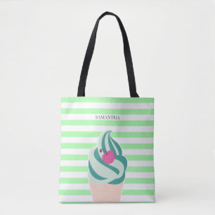 Mint Swirl Ice Cream Striped Personalised Tote Bag