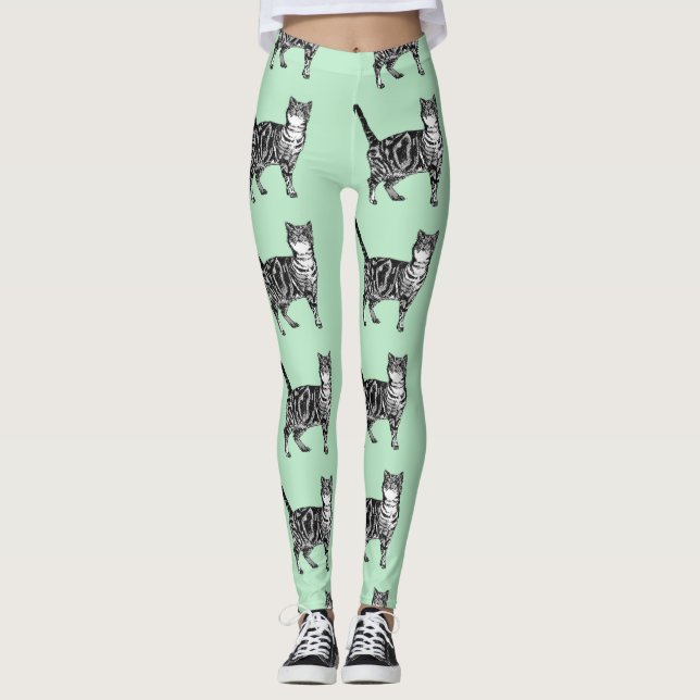 Mint Tabby Chat Animal Leggings noir et blanc (Devant)