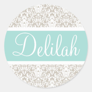 Mint Tan White Damask Custom Classic Round Sticker
