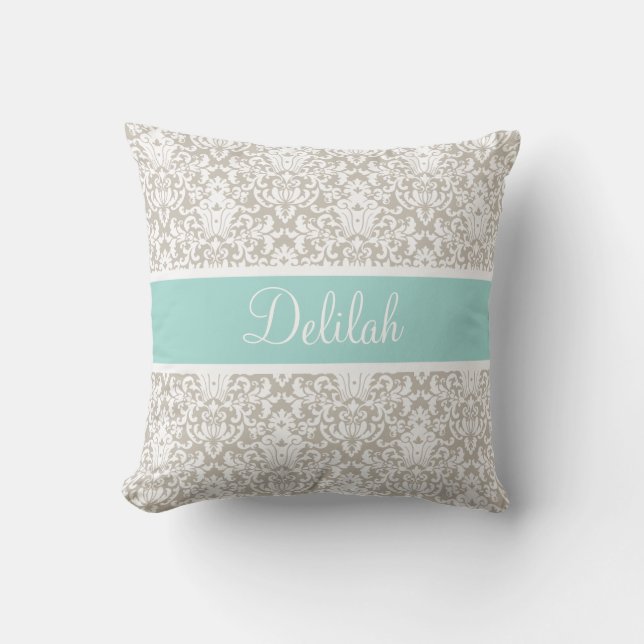 Mint Tan White Damask Custom Throw Pillow (Front)