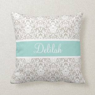 Mint Tan White Damask Custom Throw Pillow