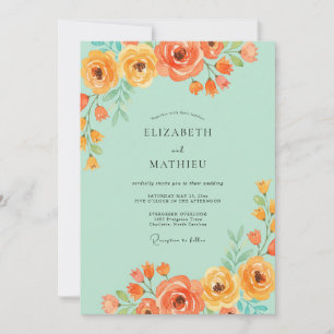 Mint Tangerine Watercolor Wedding Invitation