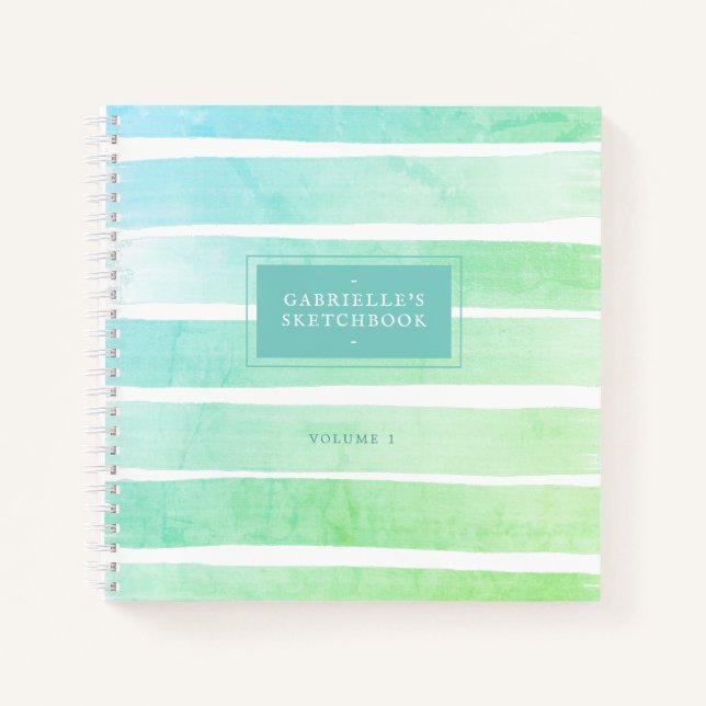 Mint Teal Blue Sketchbook Ombre Stripes with Name Notebook (Front)