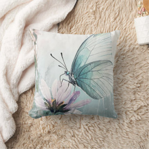 Mint Teal Butterfly Soft Pastel Floral Throw Pillow