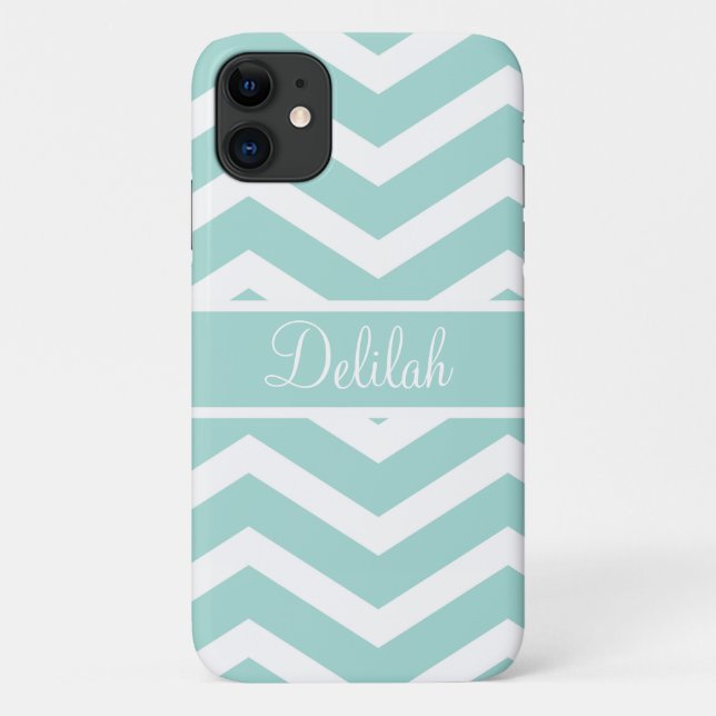 Mint Teal Chevron Custom Name Case-Mate iPhone Case (Back)