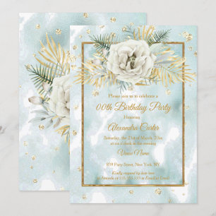 Mint Teal Gold marble Rose Floral Birthday Party Invitation