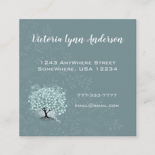 Mint Teal Heart Leaf Tree Boho Floral and Feathers Square Business Card (Front)