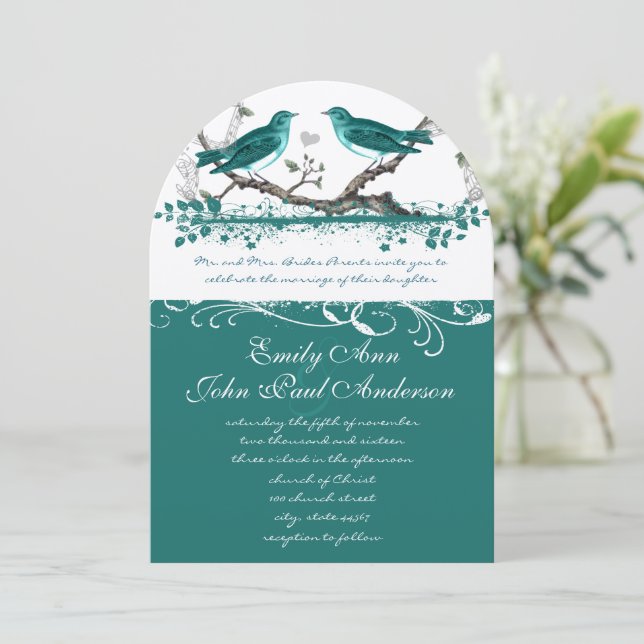 Mint Teal Romantic Rustic Love Bird Wedding Invitation (Standing Front)