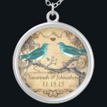 Mint Teal Romantic Rustic Lovebird Wedding Silver Plated Necklace<br><div class="desc">Keepsake Necklaces Choose either Silver Plated Gold Finish or Sterling Silver Unique Personalized Custom !st Christmas Gift Wedding Keepsake Wedding Party Necklaces - to change background colour - click customize - click edit - choose last tool in drop down menu and choose from one of the colours shown or enter...</div>