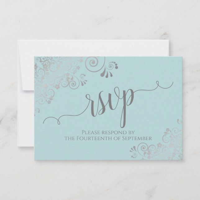 Mint Teal Silver Lace Elegant Calligraphy Wedding RSVP Card (Front)