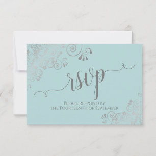 Mint Teal Silver Lace Elegant Calligraphy Wedding RSVP Card