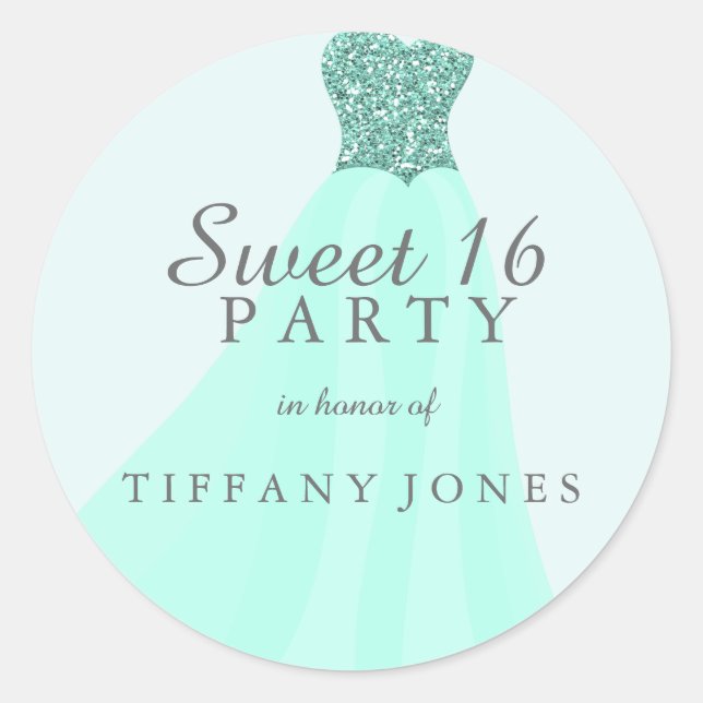 Mint Teal Sparkling Glitter Gown Sweet 16 Party Classic Round Sticker (Front)