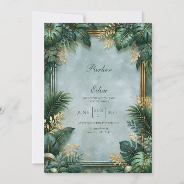 Mint Textured Gilded Tropical Border Wedding Invitation (Front)