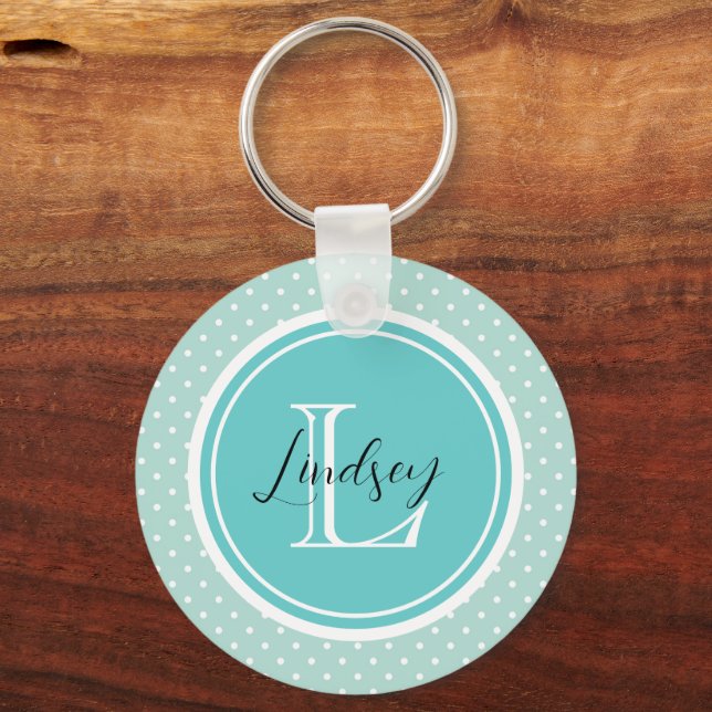 Mint Tiny Polka Dots with Custom Monogram Keychain (Front)