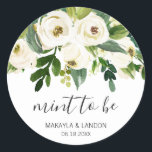 Mint To Be Elegant Greenery White Floral Wedding Classic Round Sticker<br><div class="desc">Floral wedding favor stickers with a top border featuring hand painted watercolor white roses and greenery with the message, "Mint to Be" in a lovely handwritten script and your names and date below. These elegant stickers are perfect for a garden wedding in the summer and are a great way to...</div>