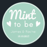 Mint to be green and white wedding favour sticker<br><div class="desc">A simple design for a sticker to decorate a wedding favour. The sticker is a pale mint green with a white border, white love hearts and white text saying "Mint to be" with space for your names and your wedding date below. The idea is that you use this to decorate...</div>