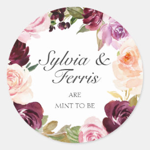 Mint to Be Moody Plum Watercolor Floral Wedding Classic Round Sticker