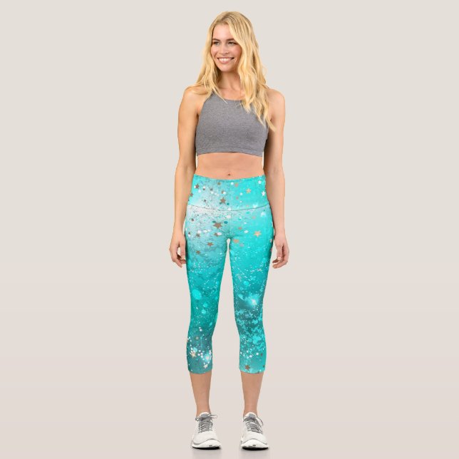 Mint Turquoise Foil Background Capri Leggings (Front)